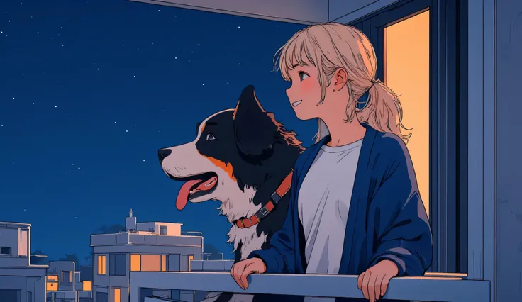 Anime-style illustration, mid-closeup of a cheerful 25-year-old blonde woman with side-swept low ponytail, cozy navy-blue cardigan over a white tee. She leans on a modern balcony railing, gazing at the stars with her Bernese Mountain Dog beside her, both f...