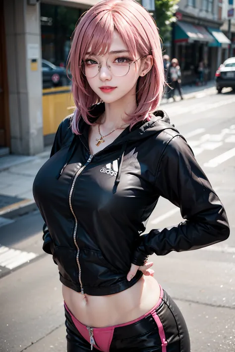 1Women, early 20s, (medium pink hair with bangs:1.1), golden eyes, seductive smile, golden cross necklace, big breast, black zipped hoodie, black tight t-shirt under hoodie, black pants. Fabric clothes, adidas, Gym. Glasses. Fit.
