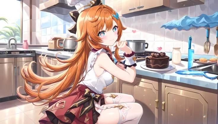 score_9, score_8_up, score_7_up, BREAK source_anime, (masterpiece), (Highest Quality), 1 girl,, escoffier \(genshin impact\), 1girl, smile,chef hat,long hair, stupid hair, butterfly hair ornament, orange hair, blue eyes, (heart mark in your eyes),
chest,...