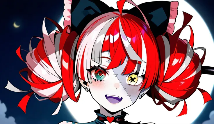 Kureiji Ollie, Virtual YouTuber, heterochromia, stitches on the face, moon