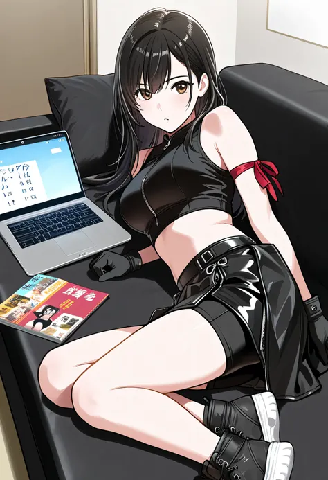Japanese fashion magazine covers,laptop,girl,Gadget room,acTif, brown eyes, black hair, long hair, black shirt, black tank top, zipper, black skirt, midriff, black shorts, black gloves, arm ribbon, black sneakers,,