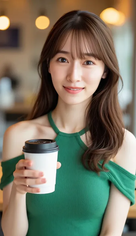 beautiful Japanese woman wearing a green dress is holding coffee in her hand at Starbucks coffee, specialty coffee, perfect proportions, cleavage, medium breasts, off shoulder dress, long hair, delicate hair, dark brown hair, slim figure, ultra high defini...