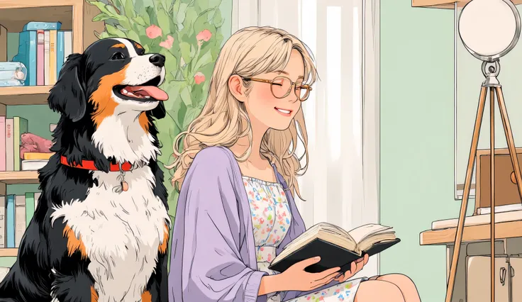 Anime-style illustration, mid-closeup of a cheerful 25-year-old blonde woman with shoulder-length hair styled in soft waves, wearing thin gold reading glasses. Her eyes are closed and she’s smiling brightly while holding a book close to her chest. Sitting ...