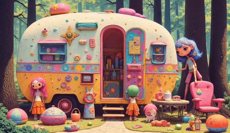 whimsical art style, a faminine doll, big head and thin and tall body, arranging colorful camping gear beside a retro flower power camping trailer, vibrant psychedelic campsite setup, bohemian outdoor lifestyle, edge of mystical forest with tall thin tree...