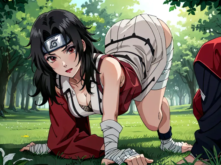 outdoors, lens flare, depth of field, bokeh, focus on ass, solo, looking at viewer,((masterpiece, best quality)), BREAK NinjaWhiteDress_KurenaiYuhi_ownwaifu, 1girl, forehead protector, black hair, long hair, red eyes, makeup, lipstick, konohagakure symbol,...