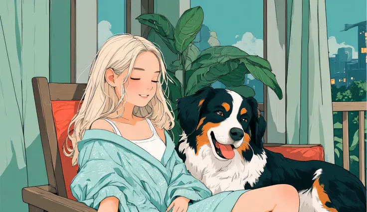 Anime-style illustration, mid-closeup of a smiling 25-year-old blonde woman with long straight hair parted to the side, wearing a cozy pale blue knit cardigan over a white tank top. She leans back in a chair with a peaceful grin and closed eyes. The Bernes...
