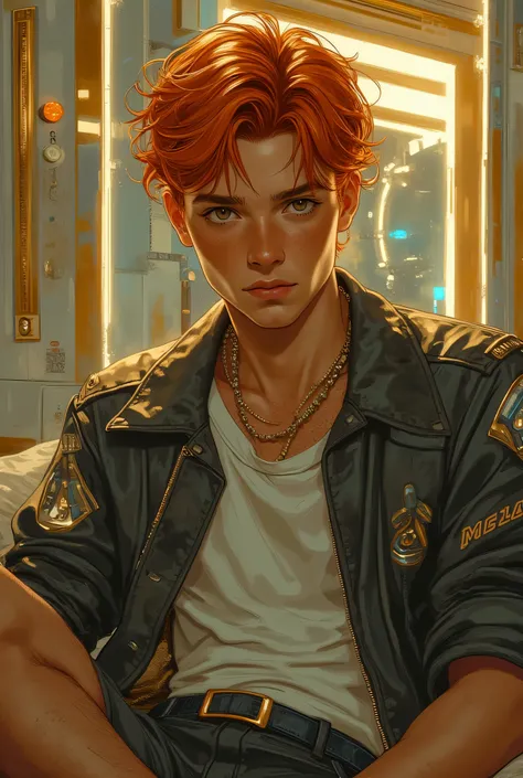 imagem cyberpunk: a young redheaded man,e sardas,  wearing modern and youthful clothes , inside a luxurious house