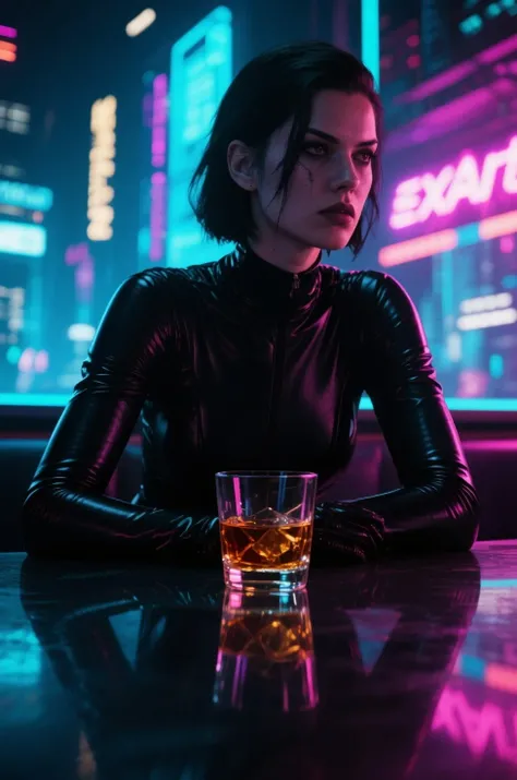 独自坐exist酒吧里的赛博朋克女杀手,exist"SeaArt Film"with strong neon backlighting,Heavy facial shadows,城市灯光倒映exist威士忌酒杯中, close up,Violent texture,Super realistic movie style