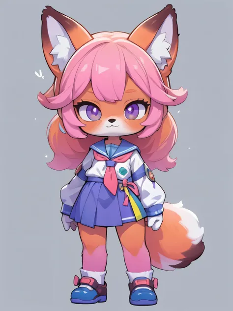 Female hairy purple fox , orelhas de raposa, cauda de raposa , quadris largos , Corpo Pele Branca, SIMPLE BACKGROUND , corpo inteiro, standing, chibi. (Estilo Cyberpunk), ( masterpiece , alta qualidade , melhor qualidade, 8k, High resolution), ((estilo c...