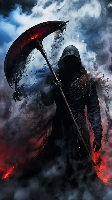 Black grim reaper, Engulfed BY black red and blue, (Holding scythe),detailed weapon, best quality, ultra-detailed, dark and mysterious, Gothic style, menacing presence, haunting atmosphere, ethereal lighting, grim and foreboding, eerie shadows, swirling mi...