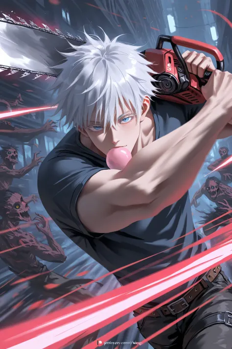 wlop, rella, anime style, 1man, adult, male focus, gojou satoru, jujutsu kaisen, white hair, short hair, ((hair between eyes)), colored eyelashes, white eyelashes, blue eyes, intricate eye iris, detailed eyes, muscular male, sexy man, handsome man, handso...