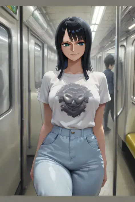 NICO  ROBIN  black  hair,smile, blue eyes,((subway)), undressing,underwear,seductive, modeling, thick thighs ,((perfect eyes:1.19)), ((subway:1.09)),completed 120%,((Stylish T-shirt and fashion dress baggy pants))

