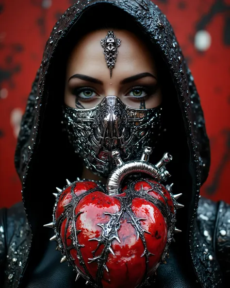 A Close-up of the Heart Of Thorns, Jim Burns punk style, Russian model with her hidden face with a chrome mask, shows us her barbed heart with hundreds of steel thorns, design has chrome pieces inside., The masterpiece of the