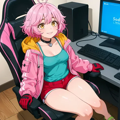(high front angle), ((anime skin texture, perfectly detailed scenery, best image quality, full HD, perfectly detailed appearance, perfectly detailed eyes, 1woman, woman sitting in front of a high-tech computer with three monitors, hacker information on the...