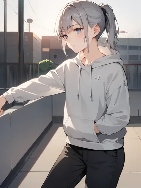 score_9, score_8_up, score_7_up, score_6_up, source_anime, nsfw，rating:general, one young girl clinging closely to the fence, long gray hair, ponytail, Bangs bangs, dark blue eyes, Three white eyes, white skin, Flat chest, wearing cropped hoodies, Cargo Pa...