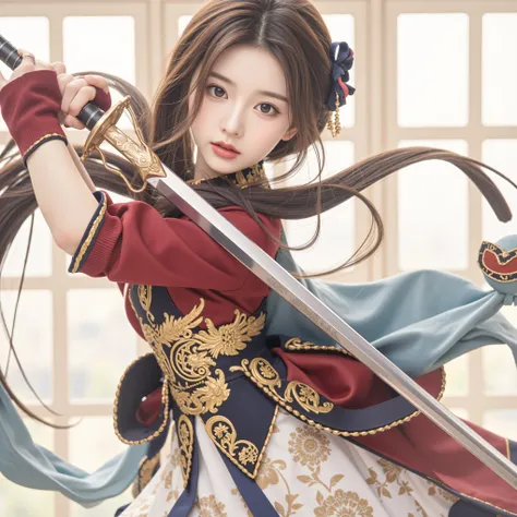 (masterpiece, Highest Quality:1.2), Real Live Action、Beautiful high school student holding a razor saber、full body image