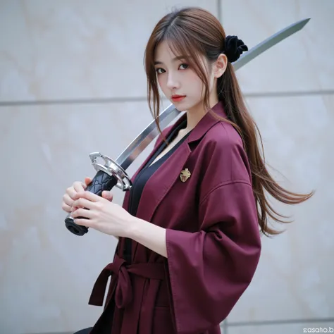 (masterpiece, Highest Quality:1.2), Real Live Action、Beautiful high school student holding a razor saber、full body image