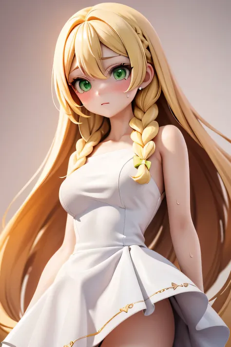 perfect anatomy　Highest Quality, highest resolution,(((shiny white dress　shiny blonde　long hair　braids　 green eyes　Shiny Skin　sweat)))　Lillie 　girl