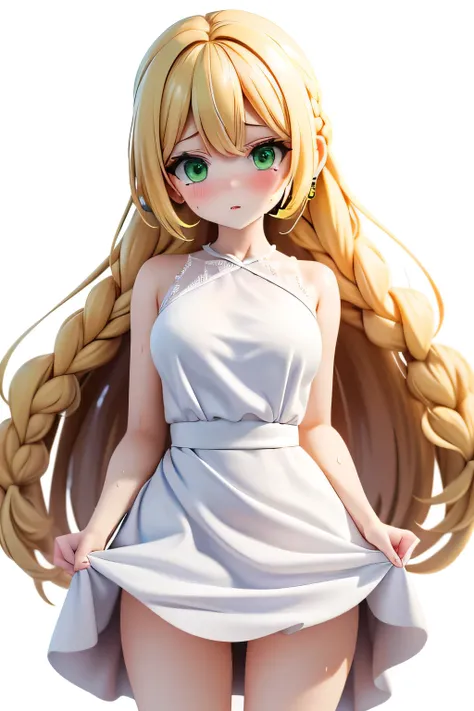 perfect anatomy　Highest Quality, highest resolution,(((shiny white dress　shiny blonde　long hair　braids　 green eyes　Shiny Skin　sweat)))　Lillie 　girl