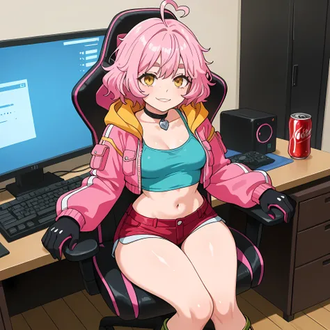 (high front angle), ((anime skin texture, perfectly detailed scenery, best image quality, full HD, perfectly detailed appearance, perfectly detailed eyes, 1woman, woman sitting in front of a high-tech computer with three monitors, hacker information on the...