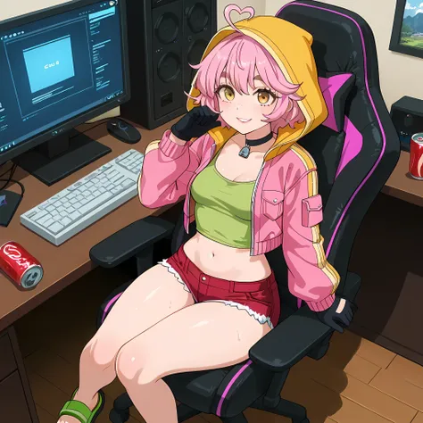 (high front angle), ((anime skin texture, perfectly detailed scenery, best image quality, full HD, perfectly detailed appearance, perfectly detailed eyes, 1woman, woman sitting in front of a high-tech computer with three monitors, hacker information on the...