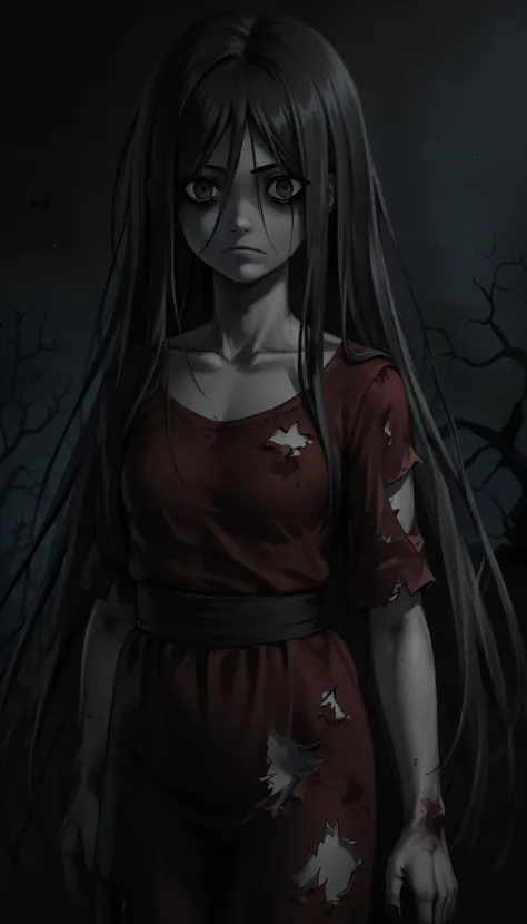 Give your images flat even illumination (negative) or dramatic chiaroscuro lighting (positive),heavenlyhost, wainscoting, horror \(theme\), night,sachiko shinozaki, colored skin, grey skin. long hair, black hair, black eyes
red dress, torn clothes