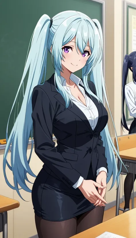 score_9, score_8_up, score_7_up, source_anime top quality、8k、masterpiece、natural light、high accuracy、perfect anatomy、One woman、medium chest:1.9, sagging breasts, epsilon, long hair, twintails, blue hair, purple eyes, sidelocks, no expression、smile:0.6、(tig...