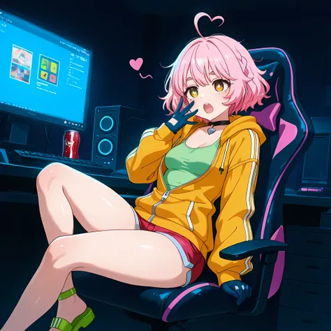 (high front angle), ((anime skin texture, perfectly detailed scenery, best image quality, full HD, perfectly detailed appearance, perfectly detailed eyes, 1 woman, woman sitting in front of high-end computer with three monitors, hacker information on monit...