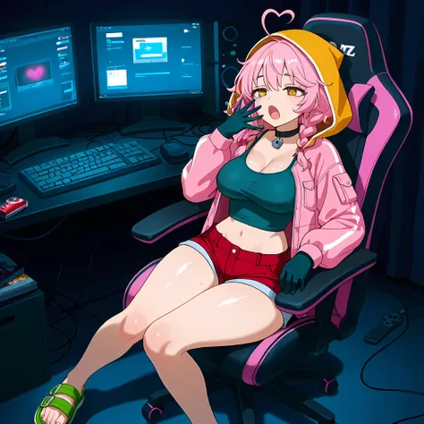 (high front angle), ((anime skin texture, perfectly detailed scenery, best image quality, full HD, perfectly detailed appearance, perfectly detailed eyes, 1 woman, woman sitting in front of a high-end computer with three monitors, hacker information on the...