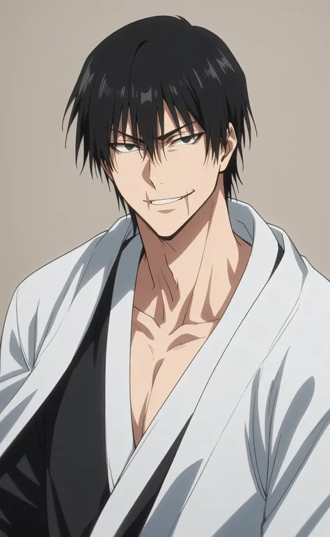 1male,solo,black hair,black eyes,smirk,scar on mouth,