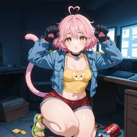 (high front angle), ((anime skin texture, perfectly detailed scenery, best image quality, full HD, perfectly detailed appearance, perfectly detailed eyes, 1 woman, hacker information on monitors, dark room, room full of darkness, hacker scenery, snacks thr...