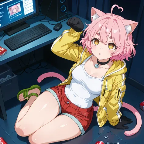 (high front angle), ((anime skin texture, perfectly detailed scenery, best image quality, full HD, perfectly detailed appearance, perfectly detailed eyes, 1 woman, hacker information on monitors, dark room, room full of darkness, hacker scenery, snacks thr...