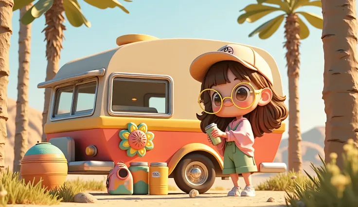 3d anime style, chibi girl arranging colorful camping gear beside a retro flower power camping trailer, vibrant psychedelic campsite setup, bohemian outdoor lifestyle, edge of mystical forest with tall thin trees, bright natural sunlight with rainbow prism...
