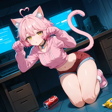 (high front angle), ((anime skin texture, perfectly detailed scenery, best image quality, full HD, perfectly detailed appearance, perfectly detailed eyes, 1 woman, hacker information on monitors, dark room, room full of darkness, hacker scenery, snacks thr...