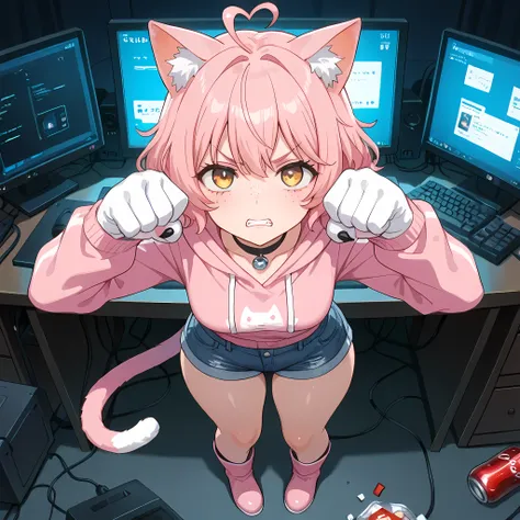 (high front angle), ((anime skin texture, perfectly detailed scenery, best image quality, full HD, perfectly detailed appearance, perfectly detailed eyes, 1 woman, hacker information on monitors, dark room, room full of darkness, hacker scenery, snacks thr...