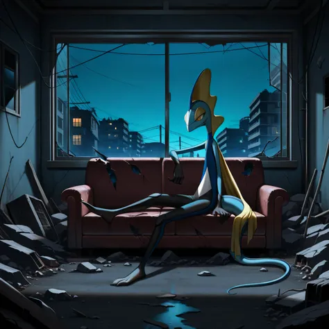 masterpiece, best quality, amazing quality, s1ums, indoors, buildings, power lines, urban, rubble, on ground, busted windows, torn couch, broken furniture, night, night time, sitting on torn couch, 1boy, solo, inteleon, pokemon, confused,