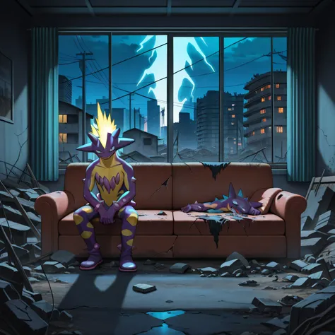 masterpiece, best quality, amazing quality, s1ums, indoors, buildings, power lines, urban, rubble, on ground, busted windows, torn couch, broken furniture, night, night time, sitting on torn couch, 1boy, solo, toxtricity, pokemon, confused,