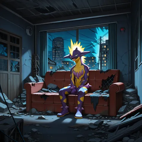 masterpiece, best quality, amazing quality, s1ums, indoors, buildings, power lines, urban, rubble, on ground, busted windows, torn couch, broken furniture, night, night time, sitting on torn couch, 1boy, solo, toxtricity, pokemon, confused,
