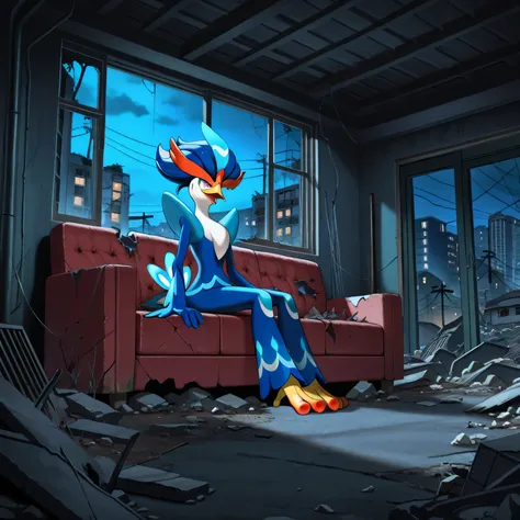 masterpiece, best quality, amazing quality, s1ums, indoors, buildings, power lines, urban, rubble, on ground, busted windows, torn couch, broken furniture, night, night time, sitting on torn couch, 1boy, solo, quaquaval, pokemon, confused,
