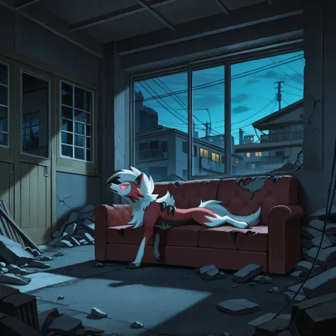 masterpiece, best quality, amazing quality, s1ums, indoors, buildings, power lines, urban, rubble, on ground, busted windows, torn couch, broken furniture, night, night time, sitting on torn couch, 1boy, solo, midnight lycanroc, pokemon, confused, feral, h...