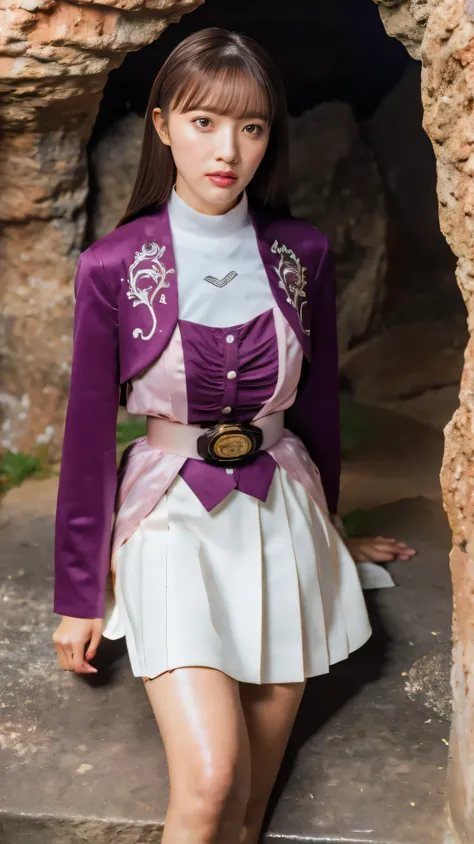 ( 高精細CG),( Highest Quality ),((in front of the fitting room)),((in a dark cave)),((sit on your knees)),((1girl)), perfect face, shiny skin ,wide hips , Thin Waist,purple bolero jacket,((white skirt)),long sleeve  ,  pink belt,((brown hair color )),straight...