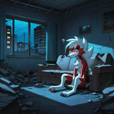 masterpiece, best quality, amazing quality, s1ums, indoors, buildings, power lines, urban, rubble, on ground, busted windows, torn couch, broken furniture, night, night time, sitting on torn couch, 1boy, solo, midnight lycanroc, pokemon, confused, anthro, ...