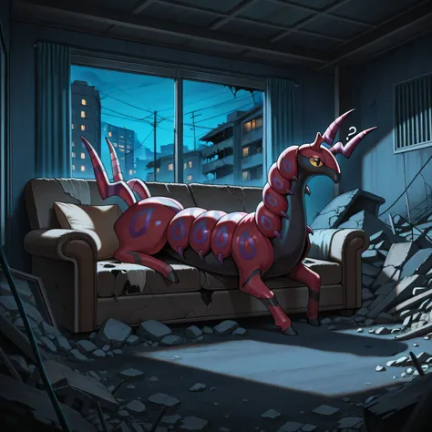 masterpiece, best quality, amazing quality, s1ums, indoors, buildings, power lines, urban, rubble, on ground, small windows, busted windows, torn couch, broken furniture, night, night time, in front of torn couch, scolipede, feral, confused,