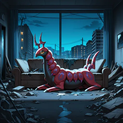 masterpiece, best quality, amazing quality, s1ums, indoors, buildings, power lines, urban, rubble, on ground, small windows, busted windows, torn couch, broken furniture, night, night time, in front of torn couch, scolipede, feral, confused,