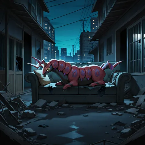 masterpiece, best quality, amazing quality, s1ums, indoors, buildings, power lines, urban, rubble, on ground, small windows, busted windows, torn couch, broken furniture, night, night time, in front of torn couch, scolipede, feral, confused,