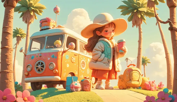3d anime style, chibi girl arranging colorful camping gear beside a retro flower power camping trailer, vibrant psychedelic campsite setup, bohemian outdoor lifestyle, edge of mystical forest with tall thin trees, bright natural sunlight with rainbow prism...