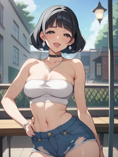 score_9, score_8_up, score_7_up, score_6_up, source_anime, nsfw，Highest Quality、table top，Petite，short，(pretty big saggy breasts、Chest、White patent leather tube top、Damaged Denim Hot Pants:1.3)、On the street、short black hair with waist、smile、 big black eye...