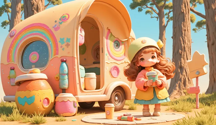 3d anime style, chibi girl arranging colorful camping gear beside a retro flower power camping trailer, vibrant psychedelic campsite setup, bohemian outdoor lifestyle, edge of mystical forest with tall thin trees, bright natural sunlight with rainbow prism...