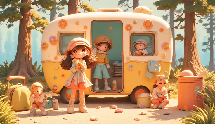 3d anime style, chibi girl arranging colorful camping gear beside a retro flower power camping trailer, vibrant psychedelic campsite setup, bohemian outdoor lifestyle, edge of mystical forest with tall thin trees, bright natural sunlight with rainbow prism...