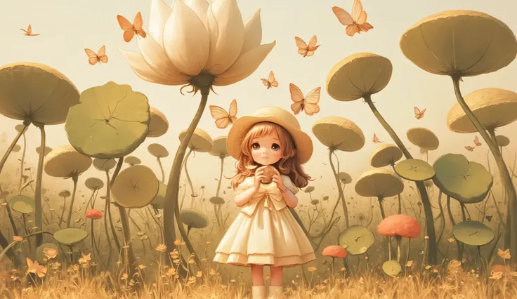 Whimsical art style, surreal fantasy, ethereal art, illustration. A girl in a summer dress and sun hat, releases a flock of butterflies in a field of giant lotus flowers. The lotus flowers are the size of trees and fill the entire background. Artstation, c...